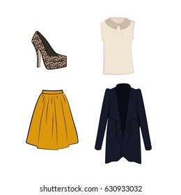 Romantic white blouse, flared midi skirt, cardigan, shoe with leopard print