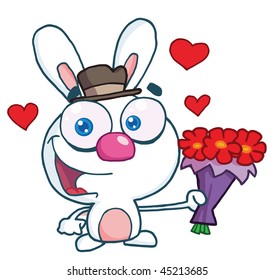 Romantic White Bunny Holding Out Flowers,