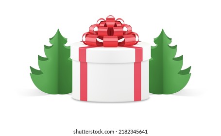 Romantic white circle gift box red glossy bow ribbon and green paper slim Christmas tree realistic 3d icon vector illustration. Winter holiday celebration origami spruce wrapped present surprise pack