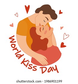 Romantic white couple in love kissing. World Kiss Day. Vector illustration. Valentine card with cute characters.