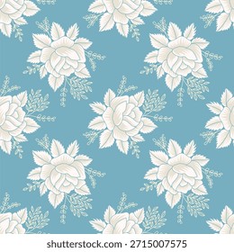 Patrón sin fisuras floral blanco romántico sobre fondo azul suave. Perfecto para tela, Fondo de pantalla, papelería de boda, papel de regalo y diseño de superficie elegante.