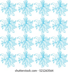 Romantic white seamless pattern with bouquets of blue mistletoe and bows. Blue contour lines. Bunch of flowers. Design with mistletoe for cards, invitations, wedding, Xmas and New year, gifts.