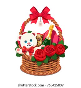 Romantic wicker present basket full of gifts. Handmade love valentine gift basket for woman, red ribbon bow, champagne bottle, present box, chocolate sweets, plush teddy bear. Flat vector illustration