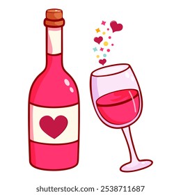 Romantic wine bottle and glass with heart decorations, for Valentine's Day or love themed designs. Holiday celebration vector objects isolated on white background.