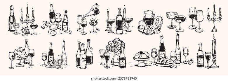 Romantic wine bottle vector illustration set, ink Italian date champagne glass hand drawn print. Elegant alcohol drinks design, wedding menu print kit beverages aesthetic poster. Valentine wine bottle