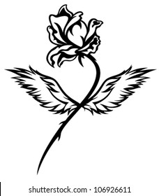 romantic winged rose black and white vector illustration