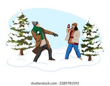 Romantic winter activity in snowy landscape. Happy lovers couple playing snowballs. Man and woman enjoying from funny game outdoor. Wintertime concept. Characters young people. Vector illustration
