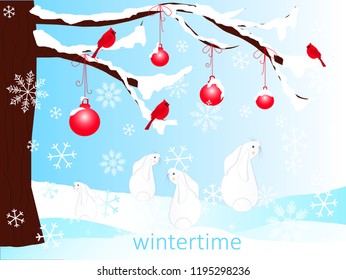 Romantic winter background with brown christmas tree, cartoon hares, red balls in white snow, Wintertime on blue hand drawn stock vector illustration