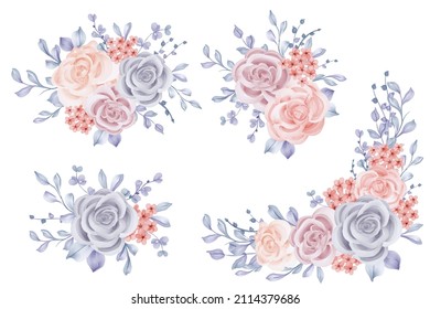 Romantic Winter Blue Rose Flower Wreath Isolated Clipart