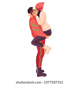 Romantic winter couple hugging and kissing affectionately. Vector illustration of man and woman in ski attire isolated on a white background.