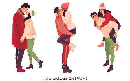 Romantic winter couples hugging affectionately. Christmas time romantic activities. A set of vector illustration isolated on a white background.