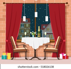 Romantic winter evening concept. Stylish vintage restaurant table with chairs. Christmas and New Year celebration in restaurant interior. Vector illustration.