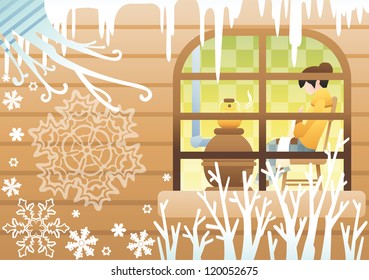 Romantic Winter Landscape - attractive young woman knitting an woolen scarf and boiling water in a kettle in cozy villa on happy holiday on brown stripe pattern background : vector illustration