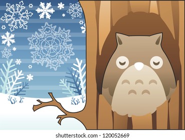 Romantic Winter Landscape - cute lovely young bird sleeping with beautiful white snow and brown tree in isolated mountain on blue stripe pattern background : vector illustration