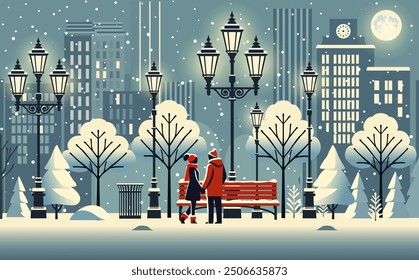 A romantic winter scene in a city park, featuring a couple holding hands by a bench, surrounded by snow-covered trees and glowing street lamps, with a backdrop of tall buildings under a moonlit sky.