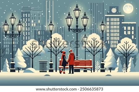 A romantic winter scene in a city park, featuring a couple holding hands by a bench, surrounded by snow-covered trees and glowing street lamps, with a backdrop of tall buildings under a moonlit sky.