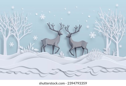 A romantic winter scene with a pair of deer in love standing in snowy forest, paper cut design.