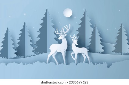 Romantic winter scene of twin deer standing in a snow-covered forest. Ideal for Christmas, holiday cards, winter nature themes, and romantic paper cut collections.