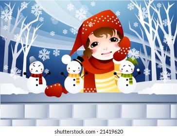Romantic Winter Story on Merry X-mas with a pretty young girl and three cute snowman with smile, sad, angry faces on background of bright blue sky and beautiful white snow scene : vector illustration
