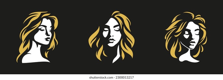 Romantic woman face golden hair style minimalist silhouette art logo for coiffure beauty salon set vector flat illustration. Elegant young female portrait icon skin care cosmetologist fashion stylist