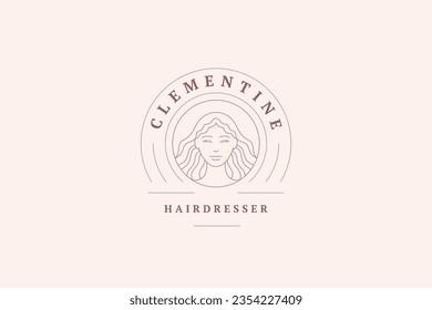 Mujer romántica cara con belleza natural de largo cabello silueta línea de arte diseño modelo de diseño gráfico vectorial ilustración. Elegante retrato femenino gentil emblema mínimo para el cuidado de la piel de coiffuro cosmético orgánico