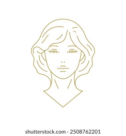 Romantic woman face silhouette with natural beauty minimal golden line art icon vector illustration. Elegant female young model portrait luxury insignia for cosmetic brand skin care hair salon