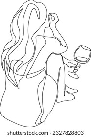 Romantic woman with a glass of wine. Girl Drinks Champagne. Abstract Linear Silhouette on White. Woman with Glass. Modern Line Drawing for Glamour Logo Minimal Style, 