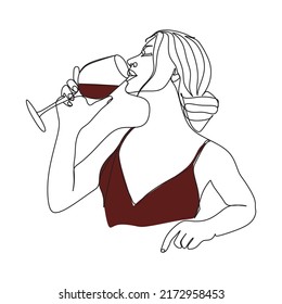 Romantic woman with a glass of wine. One Line vector Art. Wine Glass. Single Line Drawing. Printable Wall Art. Minimalist Wine Lover Art .Wine Hands Printable Art