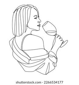 Romantic woman with a glass of wine. One Line vector Art. Wine Glass. Single Line Drawing. 