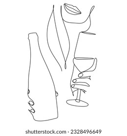 Romantic woman with a glass of wine. One Line vector Art. Wine Glass.