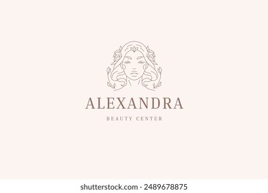 Romantic woman goddess portrait with flower line logo design template vector illustration. Elegant botanical female face outline logotype for beauty spa salon organic cosmetics skin care brand