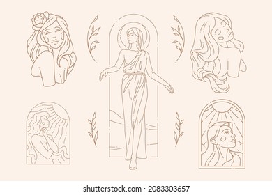 Romantic woman portrait with flowers hair antique Greek goddess botanical abstract frame set icon simple illustration. Elegant female face and naked body under sun light monochrome hand drawn logo
