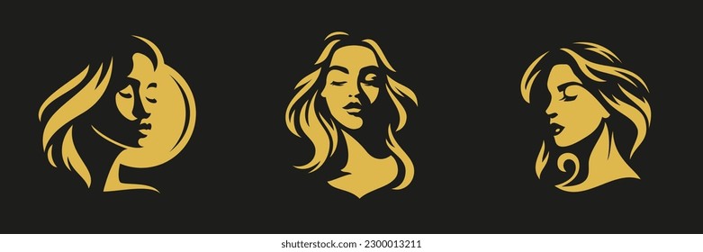 Romantic woman portrait golden silhouette elegant face logo for cosmetic beauty skin care set vector flat illustration. Fashion female head yellow hair with sun moon abstract minimalist icon brand