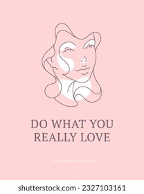 Romantic woman portrait line silhouette pink feminine poster with motivational quote vector illustration. Elegant female beauty face abstract creative fashion placard wall art inspirational phrase