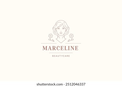 Retrato de mulher romântica com flor natural linha arte logotipo modelo vetor ilustração. Elegante rosto feminino suave com logotipo de flor botânica orgânica para marca de cuidados da pele cosmética