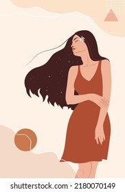 Romantic woman in a red dress. Page from a trend magazine. Vector faceless flat illustration. Beauty art