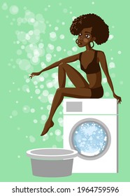 Romantic woman sitting on the washing machine and waiting for the end of the wash