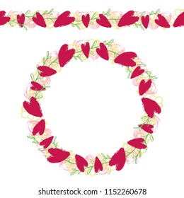 Romantic wreath with colorful elements. Hand drawn textured hearts, flowers, leaves in seamless line and round frame. Wreath for Saint Valentine Day, wedding invitations and greeting cards. Vector. 
