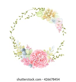 Romantic Wreath With English Rose, Succulent Plant And Leaves, Vector Illustration In Vintage Style.