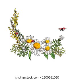 Romantic wreath with floral elements + Camomile and mimosa for season spring design