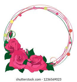 Romantic wreath with flowers of roses. Floral, spring background. Wreath for Saint Valentine Day, wedding invitations, greeting cards, hen-party, quotes, blogs, poster, logo, badge. Vector