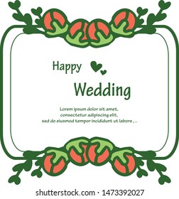 Romantic wreath frame, with lettering of happy wedding, decoration of card. Vector