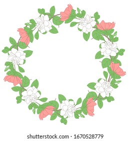 Romantic wreath in hand drawn style with white and pink gardenia jasminoides flowers, buds, branches and leaves isolated on white. Soft colors. Great for wedding, birthday, valentine, anniversary,card
