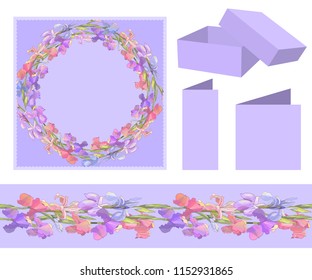 Romantic wreath and seamless border with irises. For design gift boxes, announcements, postcards, posters, invitations, visit card.