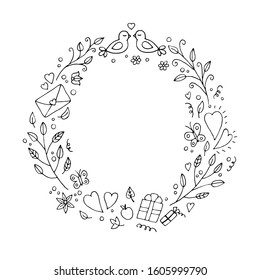 Romantic wreath of twigs, flowers and hearts for Valentine's Day. Freehand doodle illustration. For cards and invitations. Round frame