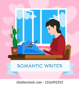 Romantic writer typewriter concept background. Flat illustration of romantic writer typewriter vector concept background for web design