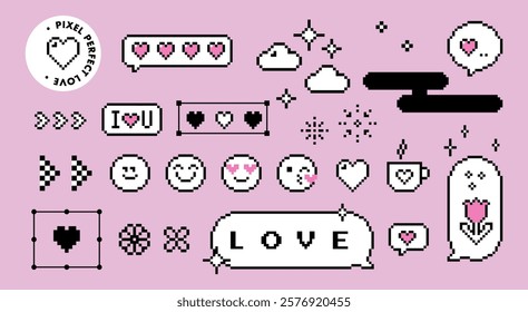 Romantic y2k pixel art set. Cool vintage love design. vector icons. I love U, heart, smiling face emoji, speech bubble, modern collage sticker. Abstract geometric simple shape. Game abstract elements