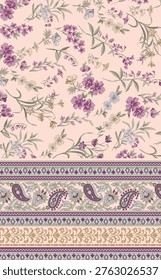 Romantic yet grounded: soft florals contrasted by structured geometric-paisley borders