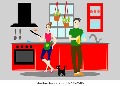 Romantic young couple and a cat in the kitchen cooking and washing dishes. Happy beautiful family of two adults at home. Vector illustration