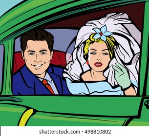 Romantic young couple celebrating their marriage into Pop Art